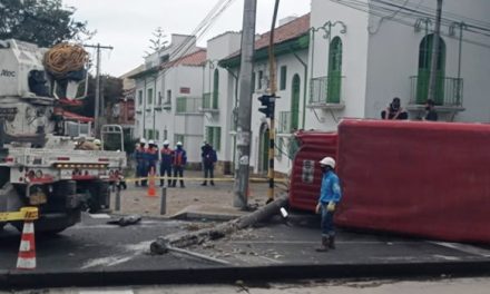 En plena avenida Caracas se volcó   camión y tumbó un poste de luz