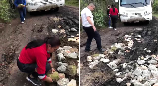[VIDEO] A docentes y conductores les toca cargar piedra para arreglar vía y llegar a las escuelas del corregimiento uno de Soacha