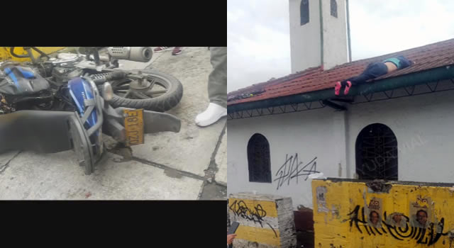 Mujer quedó en el techo de una iglesia tras accidente de motociclista en Bogotá