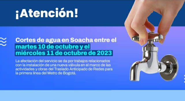 Cortes de agua en Soacha el martes 10 y miércoles 11 de octubre de 2023