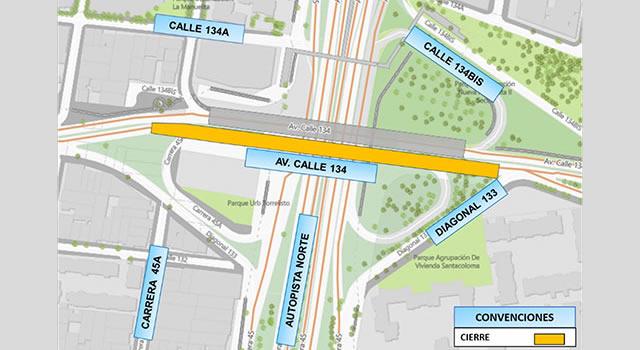 Cierre total del puente vehicular de la Calle 134 con autopista Norte en Bogotá