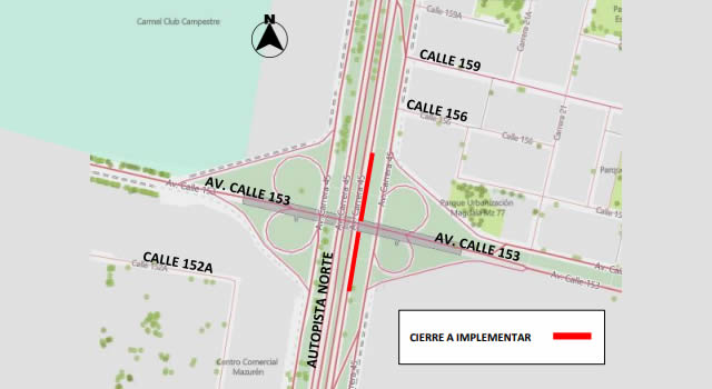 Cierre de un carril de la calzada rápida de la autopista Norte con Av. Calle 153