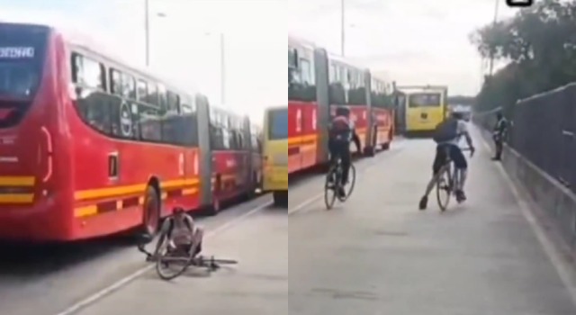 [VIDEO] Bus de Transmilenio por poco arrolla a dos ciclistas en Soacha